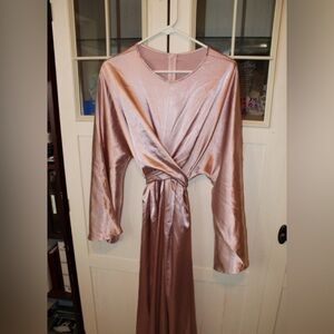 Satin Maxi Wrap Dress in Dusty Rose